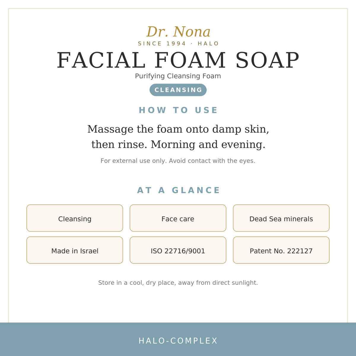 An informational graphic for Dr. Nona Halo Facial Foam Soap Cleansing, detailing how to use the purifying cleansing foam and highlighting key benefits such as 'Dead Sea minerals', 'Made in Israel', and 'ISO 22716/9001'.