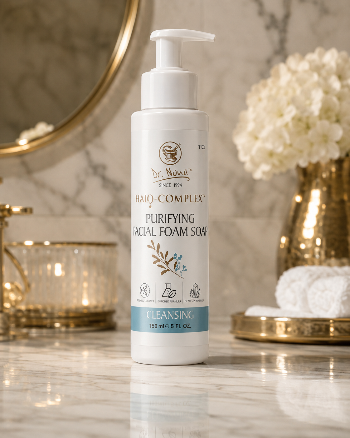 A bottle of Dr. Noma Halo-Complex Purifying Facial Foam Soap stands on a marble countertop in a bathroom setting, with gold fixtures, a mirror, and white flowers in the background.